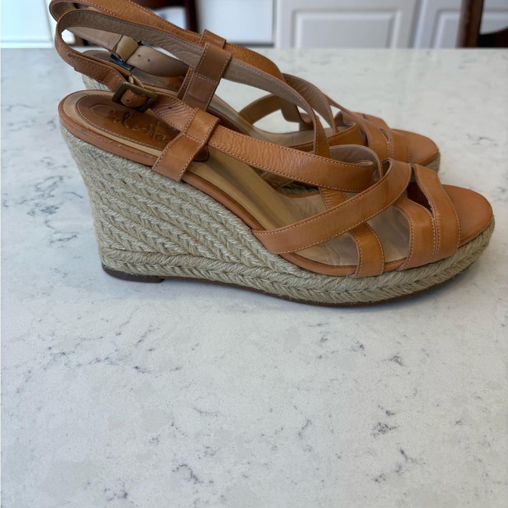 Cole Haan Tan Leather Wedge Sandals, sz 8.5